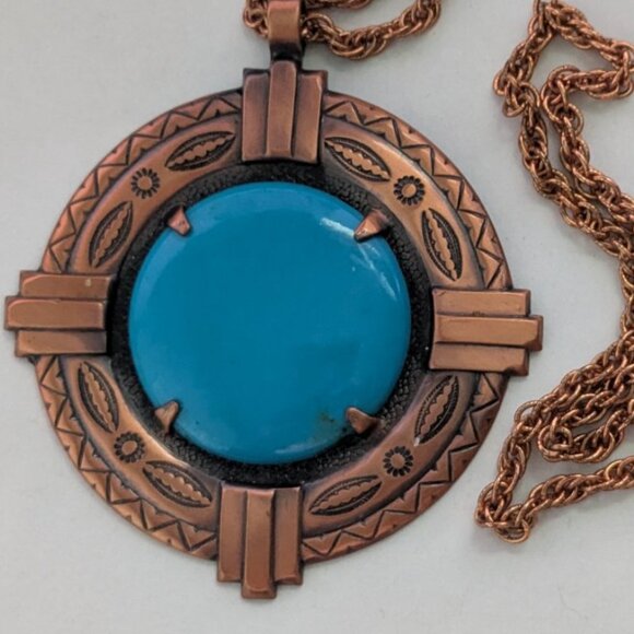 Vintage SOLID COPPER Southwestern Tribal Large Pendant Necklace - Picture 2 of 6